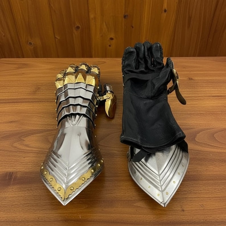 May include: A pair of medieval gauntlets. One gauntlet is silver-colored metal with gold accents and a segmented design. The other gauntlet is black leather with a silver metal cuff. Both are designed to protect the hands.