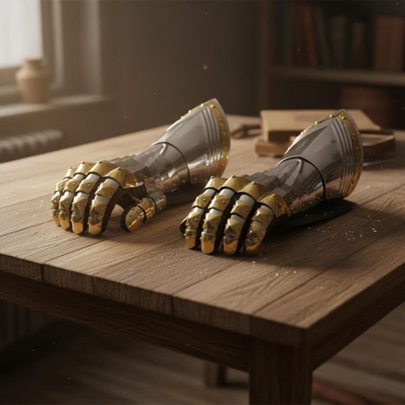 May include: Two silver and gold metal gauntlets with articulated fingers rest on a wooden table. The gauntlets have a polished silver finish with gold accents on the knuckles and edges, suggesting a medieval or fantasy theme.