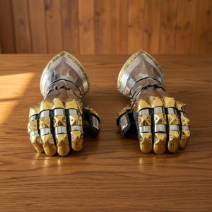 May include: A pair of medieval-style gauntlets, featuring a combination of silver and gold-colored metal. The gauntlets have articulated fingers and a detailed design, suggesting a historical or fantasy theme. The gloves are displayed on a wooden surface.