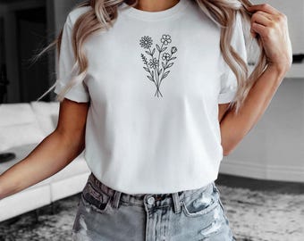 Floral Line Art Shirt, Hand Drawn Wildflowers Tee for Women