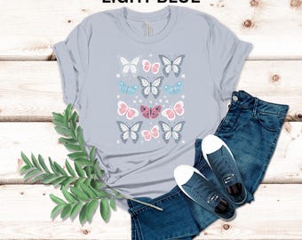 Pastel Butterfly Pattern Shirt, Woman's Spring Top