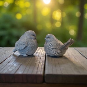 Set of Concrete Birds with Wood Texture – Rustic Garden Ornament or Home Décor