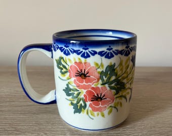 Taza de cerámica polaca de 400 ml, taza de cerámica Bolesławiec, taza de café de gres pintada a mano con estampado floral Unikat