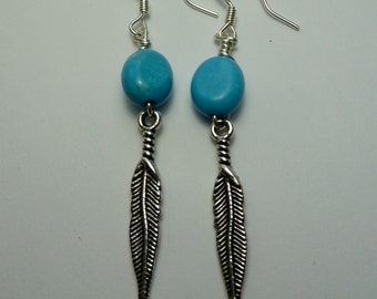 Turquoise and Silver Feather Hanging Earrings - Metal Feather Earrings - Southwestern Earrings - Silver Feather Earrings - Boho Earrings