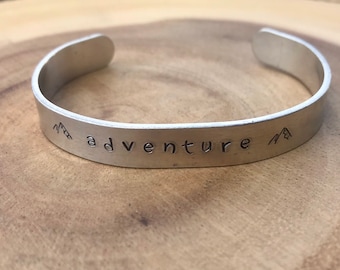 Mountain Adventure Cuff Bracelet | hand stamped | Nature Lover | Aluminum Adjustable Bracelet |