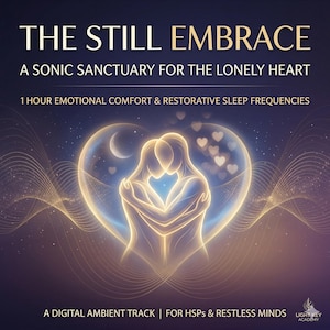 Puede incluir: Imagen digital con el título "THE STILL EMBRACE" en letras doradas. Muestra dos figuras abrazándose dentro de un diseño en forma de corazón, con una luna creciente y corazones. El texto incluye "A SONIC SANCTUARY FOR THE LONELY HEART".