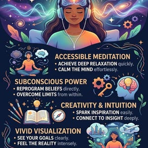 May include: An illustrated graphic promoting the Theta State, focusing on manifestation and mind power. The image features a woman wearing headphones, surrounded by text about meditation, subconscious power, creativity, and visualization.