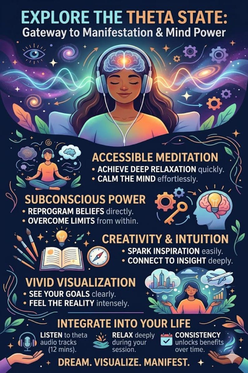 May include: An illustrated graphic promoting the Theta State, focusing on manifestation and mind power. The image features a woman wearing headphones, surrounded by text about meditation, subconscious power, creativity, and visualization.