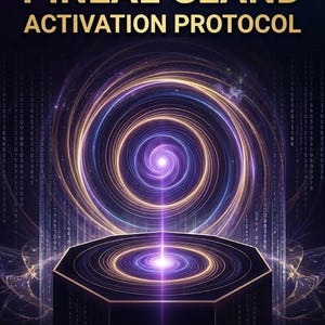 Op de afbeelding: Een digitale afbeelding met de tekst "963 Pineal Gland Activation Protocol" in goud. De afbeelding toont een spiraalvormig ontwerp met een centrale lichtbron en pictogrammen voor premium WAV/MP3, reclamevrije loops en directe digitale toegang.