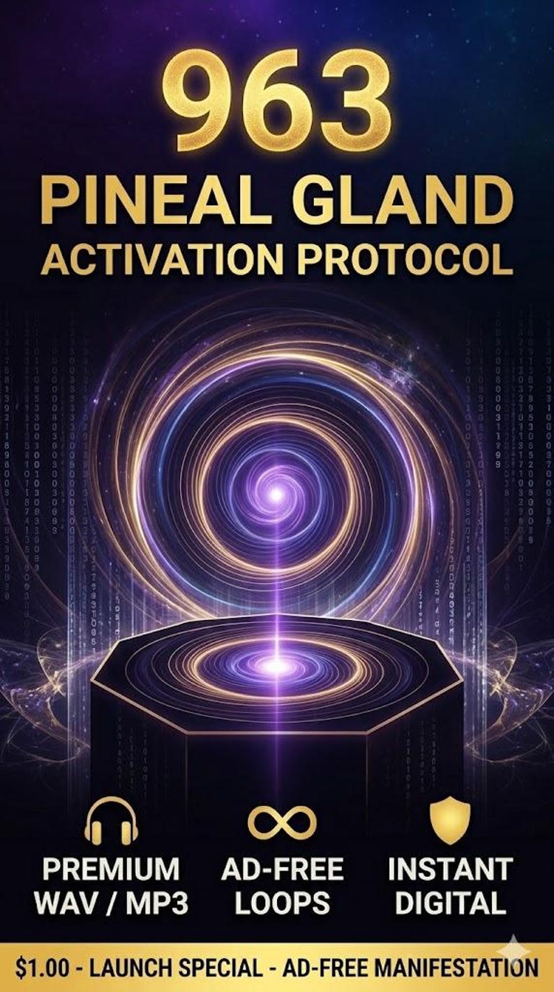 Op de afbeelding: Een digitale afbeelding met de tekst "963 Pineal Gland Activation Protocol" in goud. De afbeelding toont een spiraalvormig ontwerp met een centrale lichtbron en pictogrammen voor premium WAV/MP3, reclamevrije loops en directe digitale toegang.