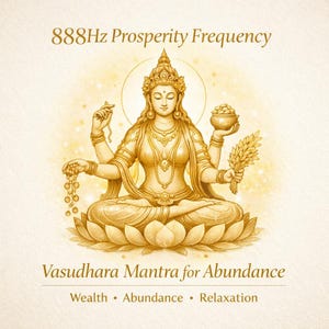 May include: A golden illustration of a seated deity, adorned with jewelry and a crown, holding a bowl of coins and a bundle of wheat. The text reads "888Hz Prosperity Frequency" and "Vasudhara Mantra for Abundance". The image promotes wealth, abundance, and relaxation.