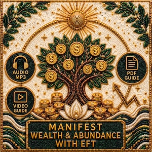 May include: A beaded wall art piece featuring a central tree with gold dollar coins as fruit, a sun motif, and stacks of coins. It includes icons for AUDIO MP3, PDF GUIDE, and VIDEO GUIDE, with the text MANIFEST WEALTH & ABUNDANCE WITH EFT.