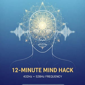 May include: Digital graphic with a blue gradient background. The image features a stylized human head with a glowing energy field. Text includes "MANIFESTATION THETA STATE" and "12-MINUTE MIND HACK".
