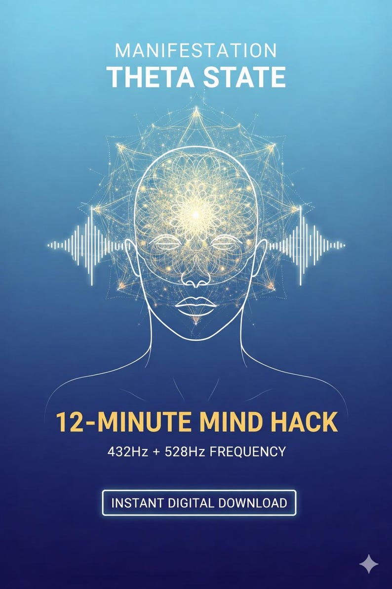 May include: Digital graphic with a blue gradient background. The image features a stylized human head with a glowing energy field. Text includes "MANIFESTATION THETA STATE" and "12-MINUTE MIND HACK".