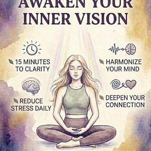 Op de afbeelding: Waterverfillustratie met de tekst "AWAKEN YOUR INNER VISION". Een vrouw mediteert in de lotushouding. De afbeelding bevat tekst over helderheid, stressvermindering, harmonisatie van de geest en verdieping van de verbinding. De tekst "START YOUR JOURNEY" staat onderaan.