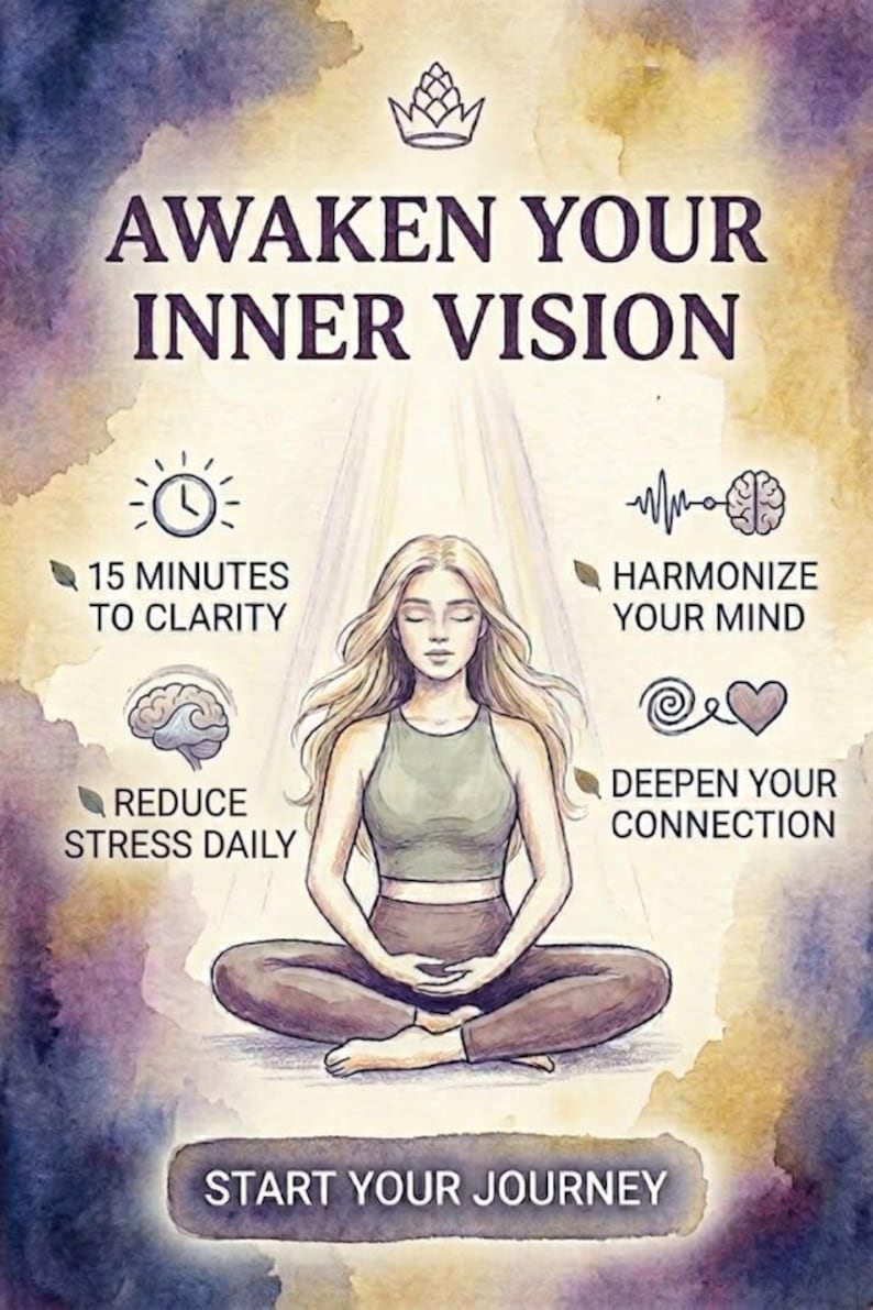 Op de afbeelding: Waterverfillustratie met de tekst "AWAKEN YOUR INNER VISION". Een vrouw mediteert in de lotushouding. De afbeelding bevat tekst over helderheid, stressvermindering, harmonisatie van de geest en verdieping van de verbinding. De tekst "START YOUR JOURNEY" staat onderaan.