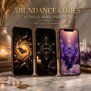 May include: Three smartphones displaying digital wallpapers titled ABUNDANCE CODES MOBILE WALLPAPERS 3-PACK DIGITAL BUNDLE. The screens show gold, black, and purple geometric patterns with numbers 520 741 8, 318 798, and the text DIVINE ORDER.