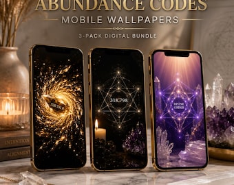 Fondos de pantalla para manifestar riqueza: paquete digital de 3 imágenes con códigos de abundancia y geometría sagrada para móviles.