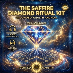 Puede incluir: Gráfico digital para el Saffire Diamond Ritual Kit, con un diamante azul con líneas y raíces doradas sobre un fondo de galaxia estrellada. El texto incluye "Grounded Wealth Anchor" y "888Hz Abundance".