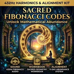 May include: An illustrated kit with the text "SACRED FIBONACCI CODES" and "Unlock Mathematical Abundance". The image features a glowing spiral, a person meditating, and icons for sound, workbook, and alignment. The kit includes 432Hz Fibonacci audio, a sacred geometry workbook, and an 11-day abundance system.
