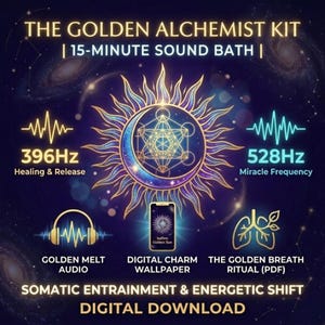 Op de afbeelding: Digitale downloadafbeelding voor "The Golden Alchemist Kit". De afbeelding toont een zon- en maanontwerp met geometrische vormen, geluidsgolfafbeeldingen en tekst. Bevat "Golden Melt Audio", "Digital Charm Wallpaper" en "The Golden Breath Ritual (PDF)". De tekst bevat ook "396Hz Healing & Release" en "528Hz Miracle Frequency".