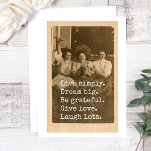 Carte #190. Carte d’encouragement. Vivre simplement. Dream Big. Sois reconnaissant. Donne l’amour. Rire Beaucoup. Carte de vœux. Carte d’amitié. Motivationnel.
