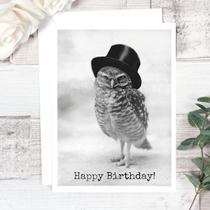 Carte #67. Carte d’anniversaire. Joyeux anniversaire. Hibou avec le chapeau supérieur. Blank Inside. Carte d’anniversaire pour lui. Carte pour l’homme. Drôle de cartes de vœux.