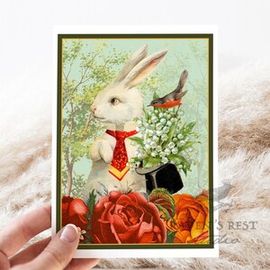 Style de carte #cw3. vintage Lapin Top Hat Roses Oiseau . Carte de voeux. Style victorien. Carte de tous les jours. Juste parce que Card. Jolie carte.