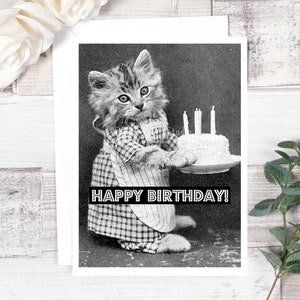Card #68. Birthday Card. Happy Birthday! Vintage Photo Card. Cat With Birthday Cake. Greeting Card. Cat Card. Crazy Cat Lady. Funny Cards.