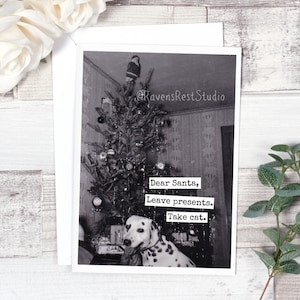 #C96 de carte de Noël. Cher Père Noël, laisse des cadeaux. Prenez Cat. Carte de Noël drôle. photo de chien de Noël vintage. style vintage. Carte de chien.