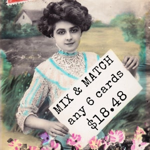 May include: A woman in a white lace dress holds a sign that says "Mix & Match any 6 cards $18.48".