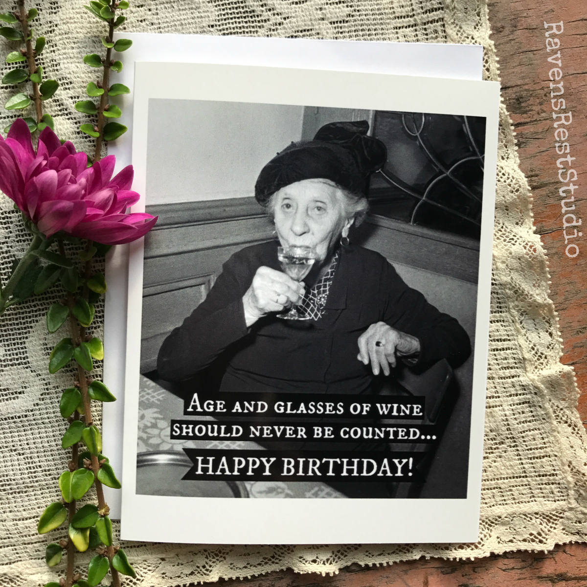 Funny Birthday Card Vintage Photo Wine Quote Age And Glasses Of