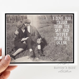 Carte #rr827. Je t'aime plus haut que le ciel et plus profond que l'océan. Carte d'anniversaire. Carte d'amour. Cartes de voeux drôles. Style vintage.