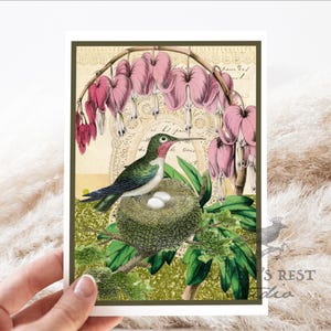 Card #cw127. Hummingbird With Nest. Quirky. Greeting Card. Collage. Bird.