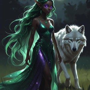 May include: Digital art of an elf with long, flowing green hair and a matching sparkling green dress. She stands in a moonlit forest with a white wolf. The elf has purple eyes and pointed ears, with a dark complexion.