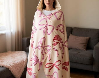 Manta con capucha y estampado de lazo rosa / Manta de forro polar sherpa