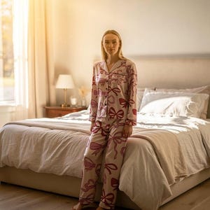 Bow Pattern Satin Pajamas, Women's Satin Pajama Set