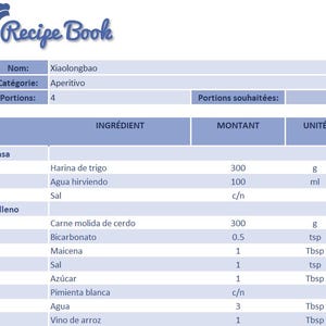 Puede incluir: Una página de libro de recetas titulada "Recipe Book" en fuente cursiva. La receta es para Xiaolongbao, enumerando ingredientes como harina de trigo, cerdo y vino de arroz, con cantidades en gramos, mililitros y cucharadas.