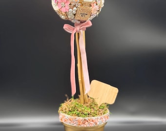 Jeweled Blush Pink  Topiary Tree – Vintage Jewelry Assemblage Art, OOAK Spring Decor, Elegant Gift For Mom