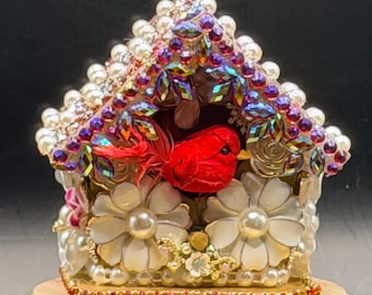 Handcrafted Cardinal Birdhouse Assemblage Sculpture: Jeweled Pearls, Rhinestones, Winter-Crimson Palette