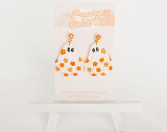 Handmade Floral Ghost Dangle Earrings: Hypoallergenic Fall Jewelry