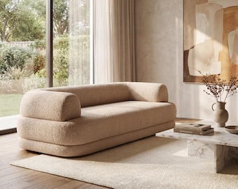 Sculptural Bouclé Sofa Curved Modern Couch, Organic 3 Seater Sofa for Luxury Living Room, Premium Cream Minimalist Seating | elyvant