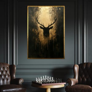 Lienzo con silueta de ciervo dorado, arte abstracto de ciervo, diseño de lienzo para pared, decoración de lujo para el hogar, regalo listo para colgar. imagen 2