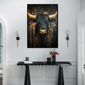 Gyllene tjurcanvas, abstrakt djurkonst, tjurväggtryck, guldstänk, väggkonstcanvasdesign, redo att hängas, heminredningspresentcanvas bild 3
