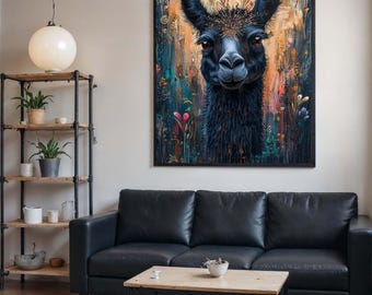 Skurrile Lama Leinwand Kunst, lebendige Tier Wanddekoration, abstrakte Lama Malerei, bunte Boho Wandkunst, fertig zum Aufhängen