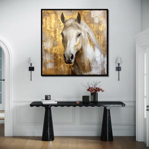Majestic White Horse Canvas Art, Gold Accented Horse Painting, Elegant Equine Wall Decor, Modern Rustic Artwork, Ready to Hang image 3