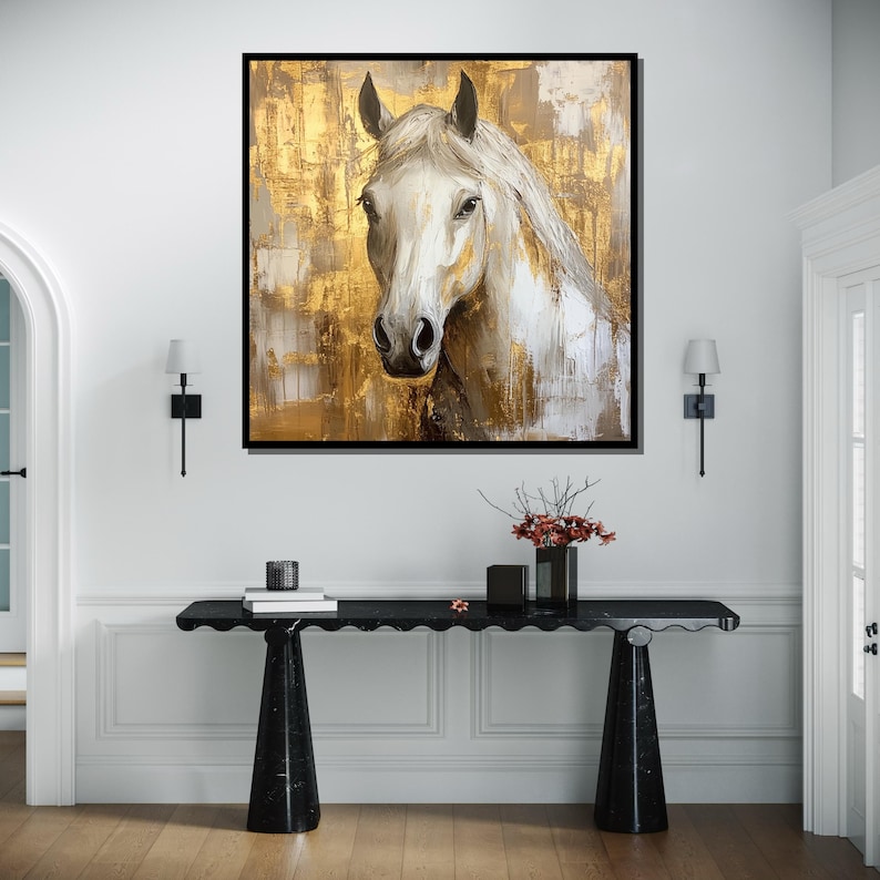 Majestic White Horse Canvas Art, Gold Accented Horse Painting, Elegant Equine Wall Decor, Modern Rustic Artwork, Ready to Hang image 3