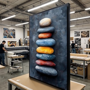 May include: A large framed artwork featuring a stack of colorful, smooth stones against a dark gray background. The stones are painted in shades of beige, orange, blue, and red. The artwork is displayed in a workshop setting.