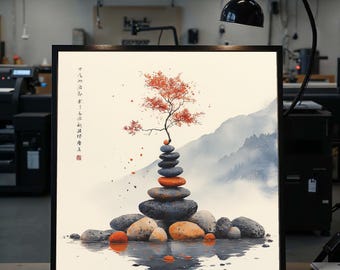 禅ストーンバランス、静かな風景キャンバス、日本のアートプリント、平和な壁アート、禅の装飾、瞑想キャンバス、すぐに掛けられるアート