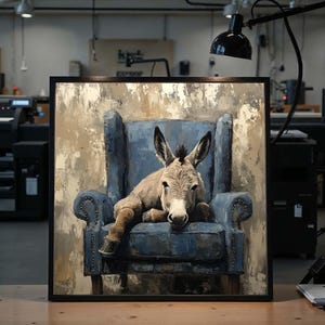May include: Framed artwork showing a donkey relaxing in a blue armchair. The donkey has brown and grey fur, with long ears and a relaxed expression. The background has a textured, abstract design.